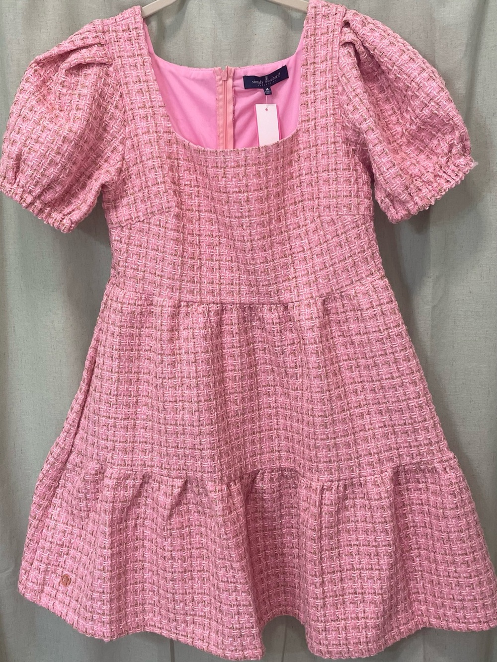 Simply Southern Pink Tweed Puff Sleeve Tiered Dress